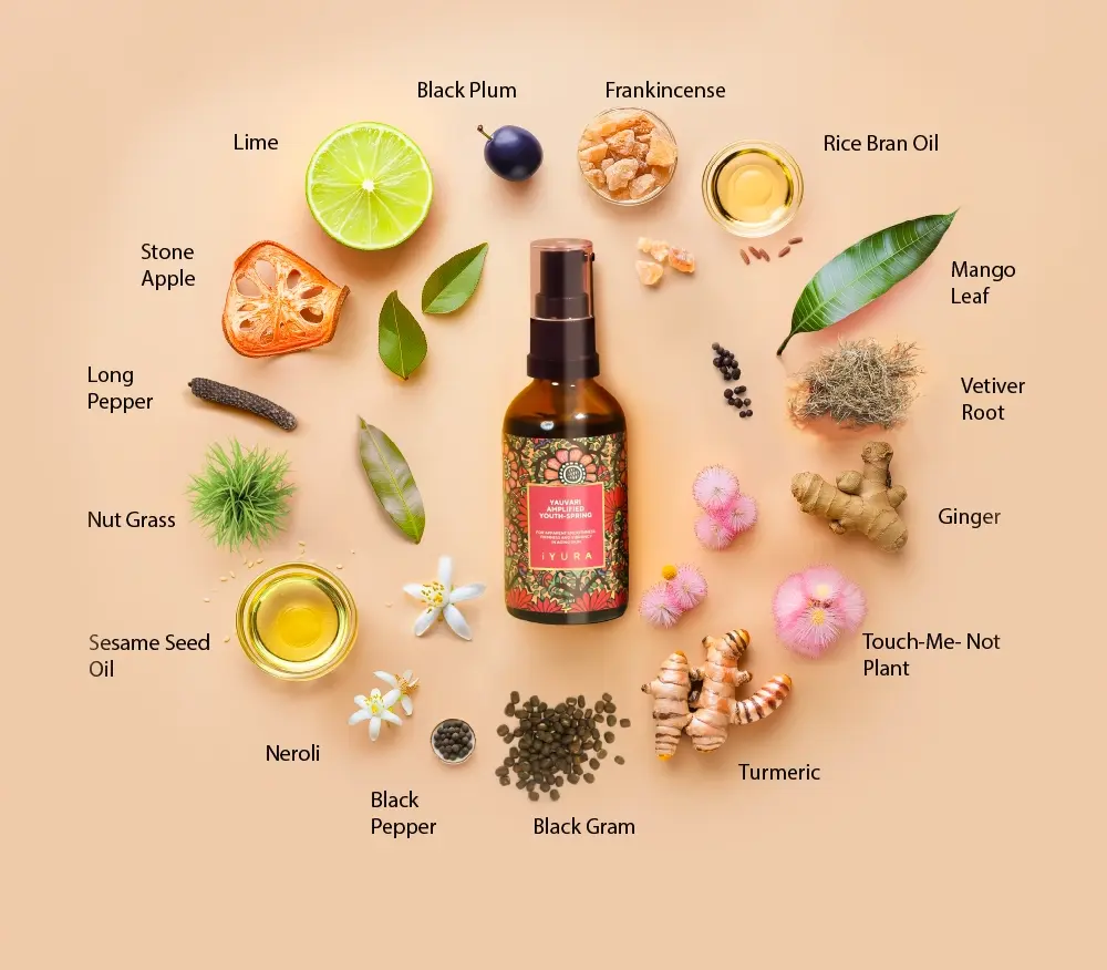 A bottle of Yauvari amplified youth spring surrounded by ingredients like black plum, lime, stone apple, long pepper, touch-me-not flower, mango, ginger in a clean minimal pattern