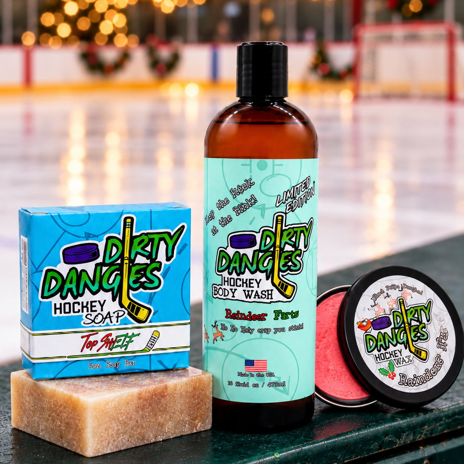 Dirty dangles reindeer farts Christmas stick wax and body wash with top shelf Christmas hockey soap in an ice rink with festive Christmas decor.