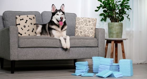 Husky dog lying on sofa with reusable pads, with disposable pads on floor