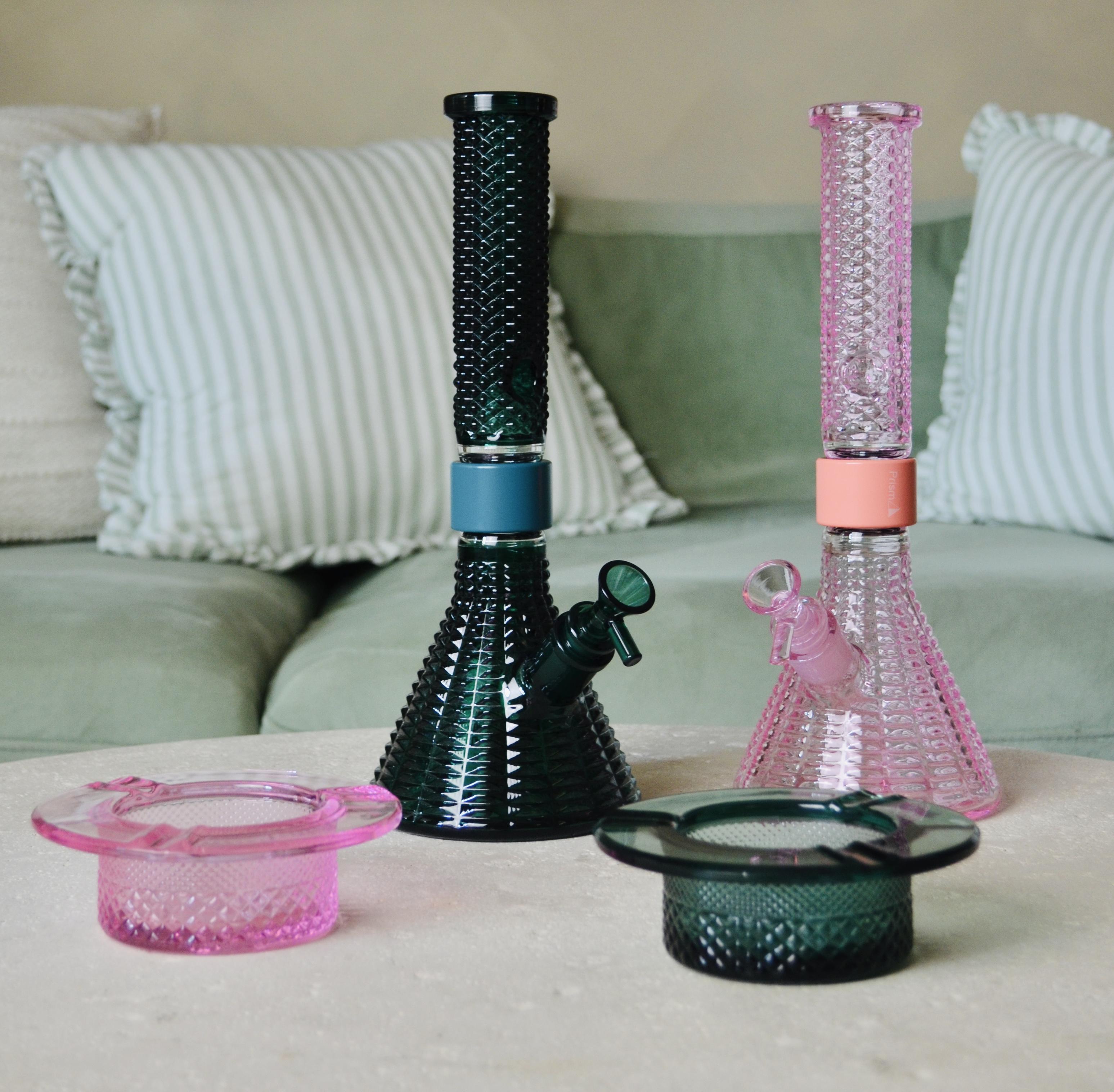 Teal and Pink Lemonade Prism x Jane West MINI Beakers and matching ashtrays textured glass living room