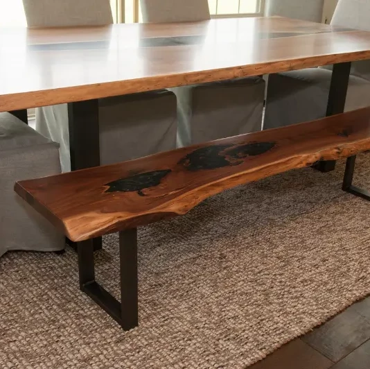 solid wood dining bench with steel turnbuckles