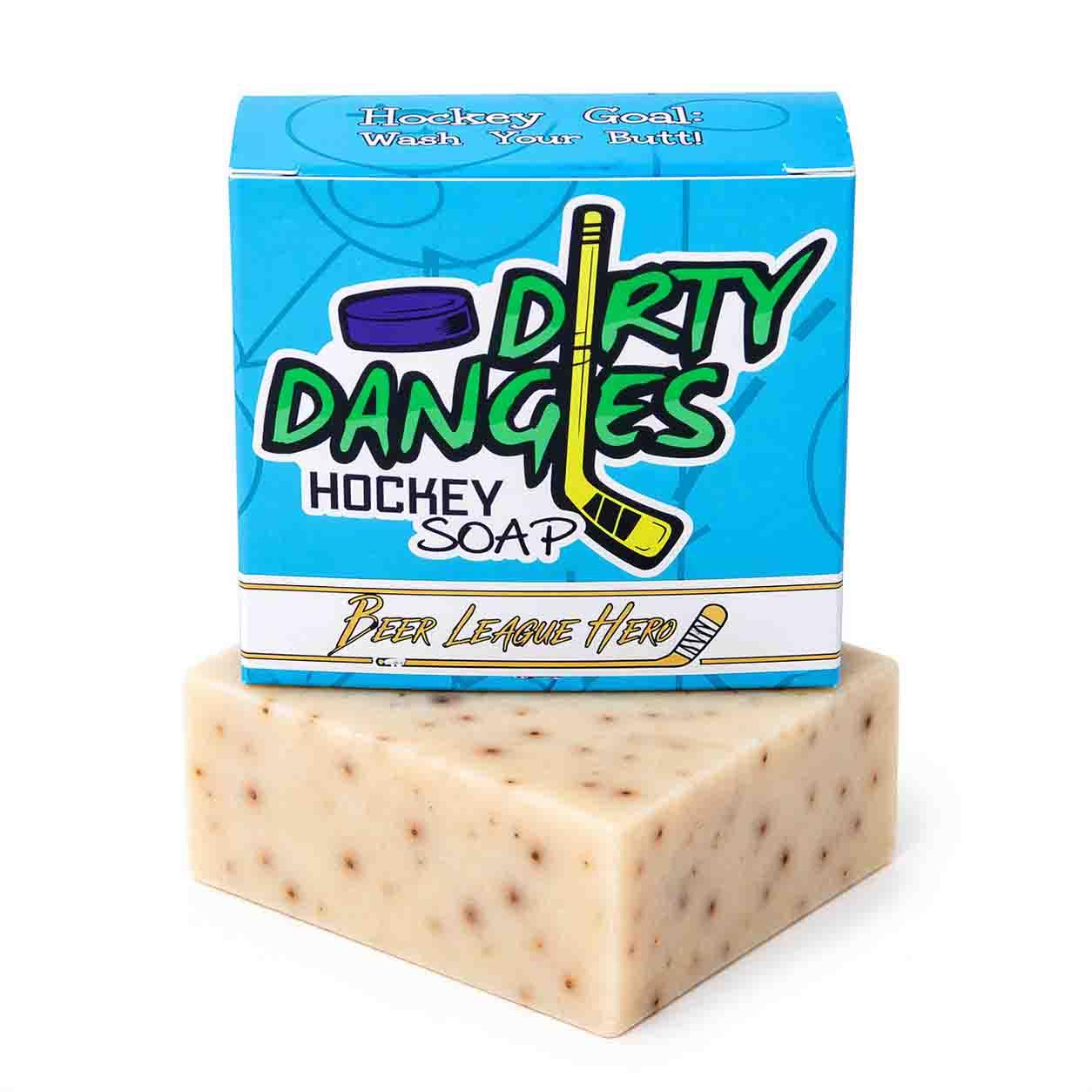 Dirty Dangles beer league hero hockey soap bar with product box on a white background.