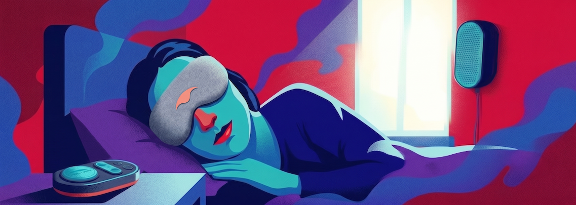 Woman napping in a bright bedroom wearing a Manta Sleep Mask with a white noise machine nearby — new parent sleep deprivation illustration.
