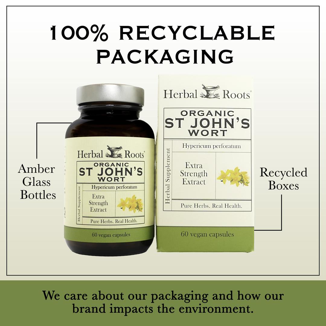 Bottle and box of Herbal Roots Organic St John's wort next to each other. Under the bottle and box says We care about our packaging and how our brand impacts the environment. There is a line coming from the left of the bottle that says Amber glass bottles. There is a line coming from the left of the box that says recycled boxes.
