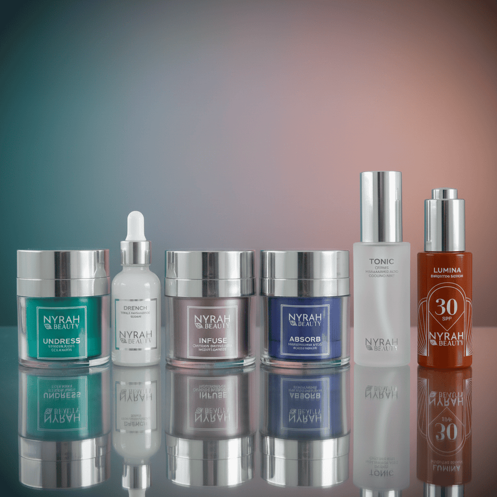 Collection of Nyrah Beauty skincare products on a reflective surface with a gradient background