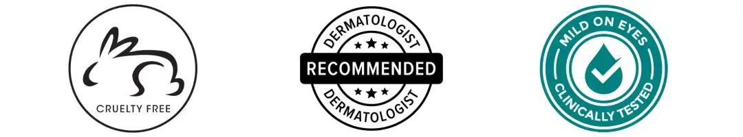 3 logos, cruelty free, dermatologist recommended, mild on the eyes