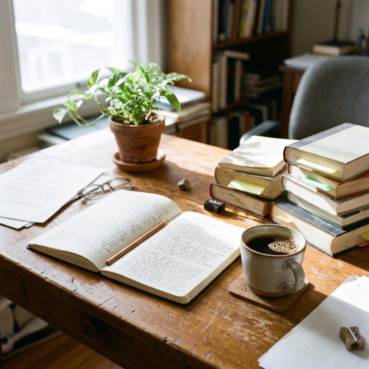 Wooden desk in morning light with an open notebook, books, a plant and a cup of coffee