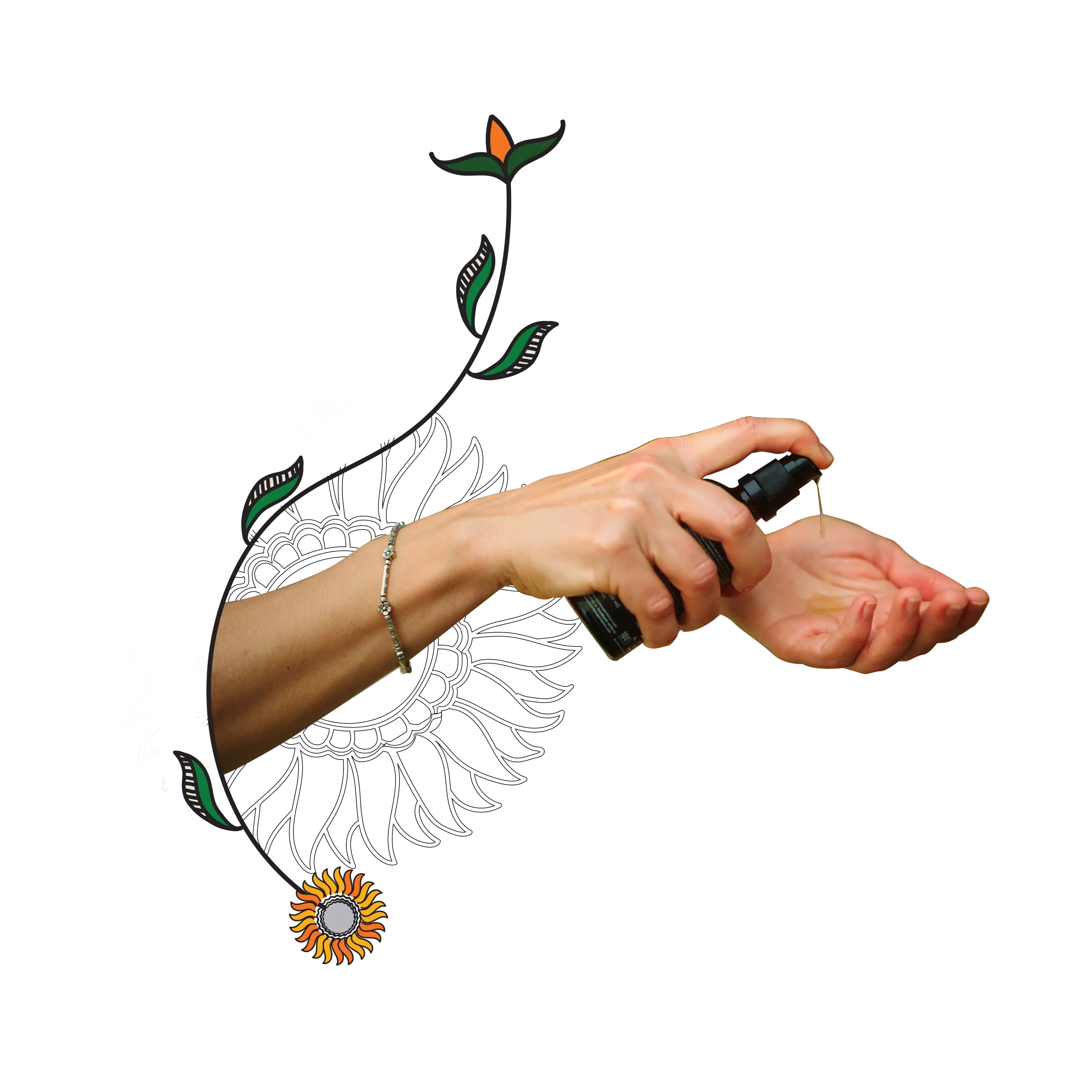 An aesthetic composition of a woman's hands using Balaayah surrounded by floral artwork