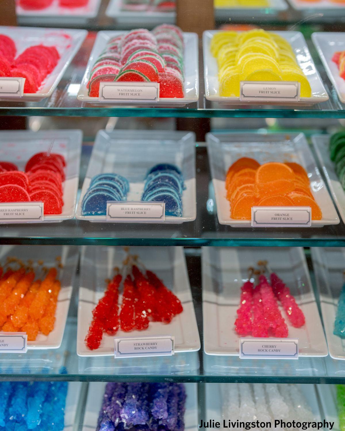 Colorful candy display case at River Street Sweets King Street Charleston