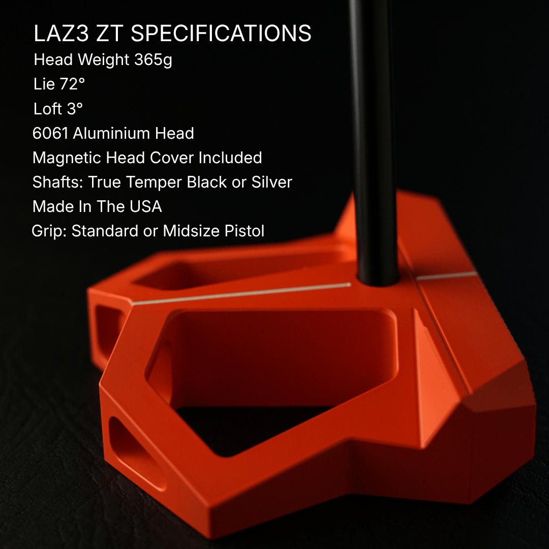 Specifications chart for Lazrus LAZ3 zero torque mallet putter including loft, lie, length and head weight
