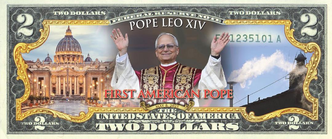 Collectible $2 bill featuring Pope Leo XIV, with images of the Vatican and a certificate of authenticity.