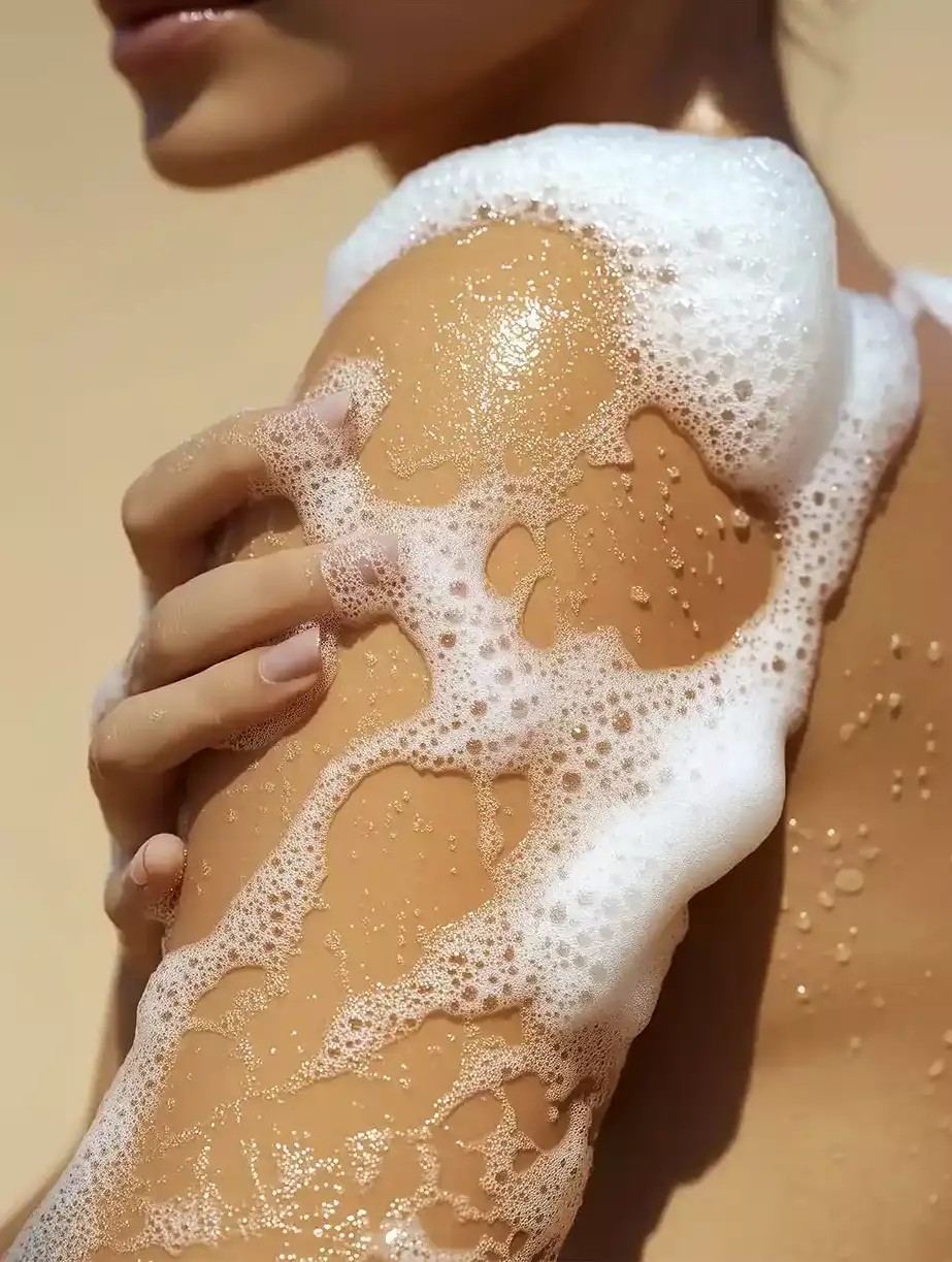 1. The image appears to show a woman's hand and arm, with a foamy, lathered substance covering the skin.