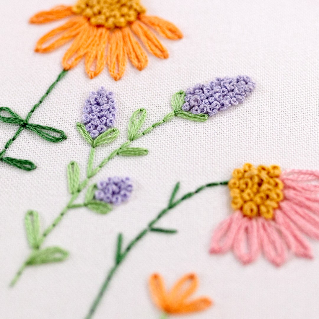 This is an image of the Five Flowers Pattern Modern Embroidery Pattern, available for purchase from the Clever Poppy Shop.