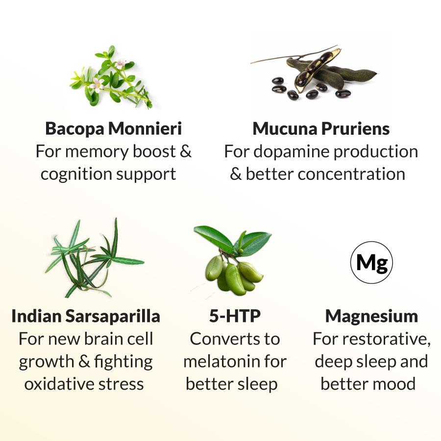 Graphic showing six supplement ingredients with benefits: Bacopa Monnieri for memory and cognition, Mucuna Pruriens for dopamine and concentration, Indian Sarsaparilla for brain cell growth and oxidative stress, 5-HTP for serotonin and melatonin production to aid sleep, and Magnesium Glycinate for restorative sleep and mood support.