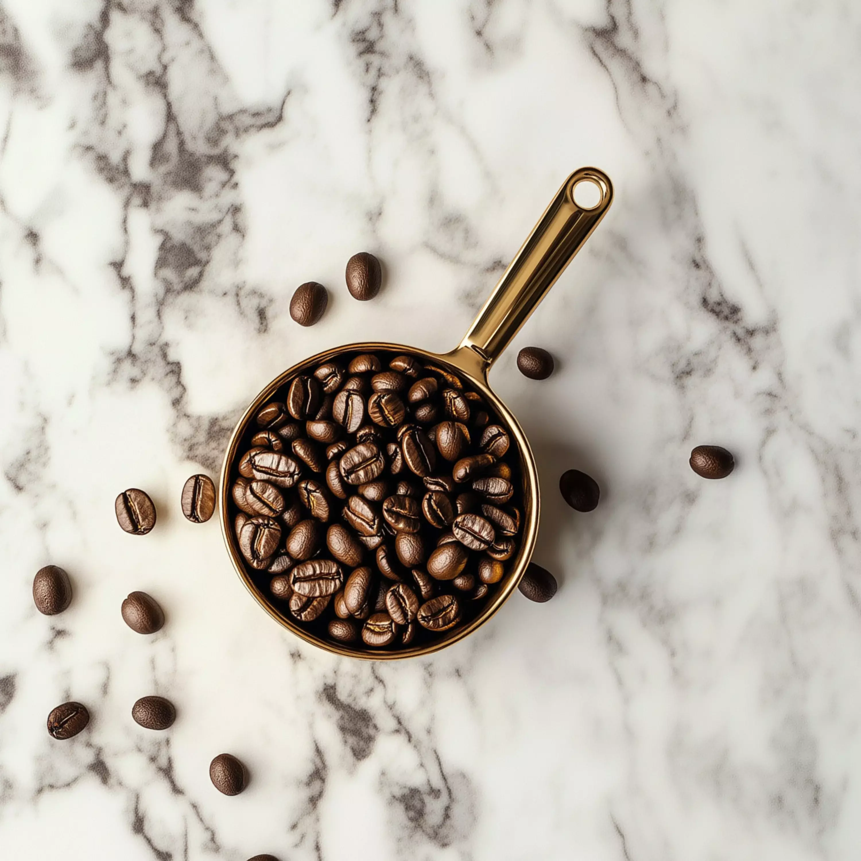 Golden scoop filled with whole coffee beans on a marble surface for the Whole Bean Coffee category.