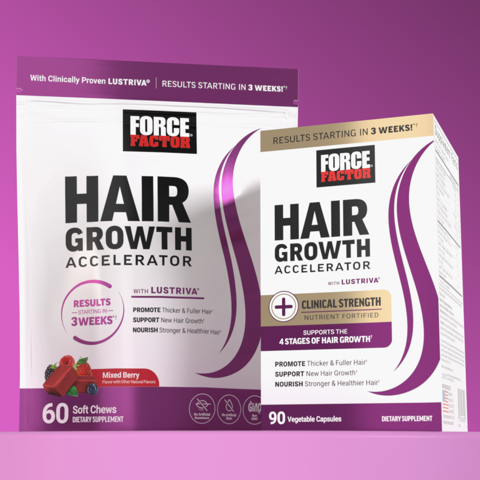 Force Factor Hair Growth Acclerator Soft Chews and Capsules; hair growth vitamins, hair growth supplement, lustriva