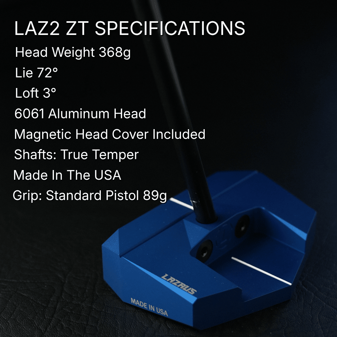 Specifications chart for Lazrus LAZ2 zero torque mallet putter including loft, lie, length and head weight