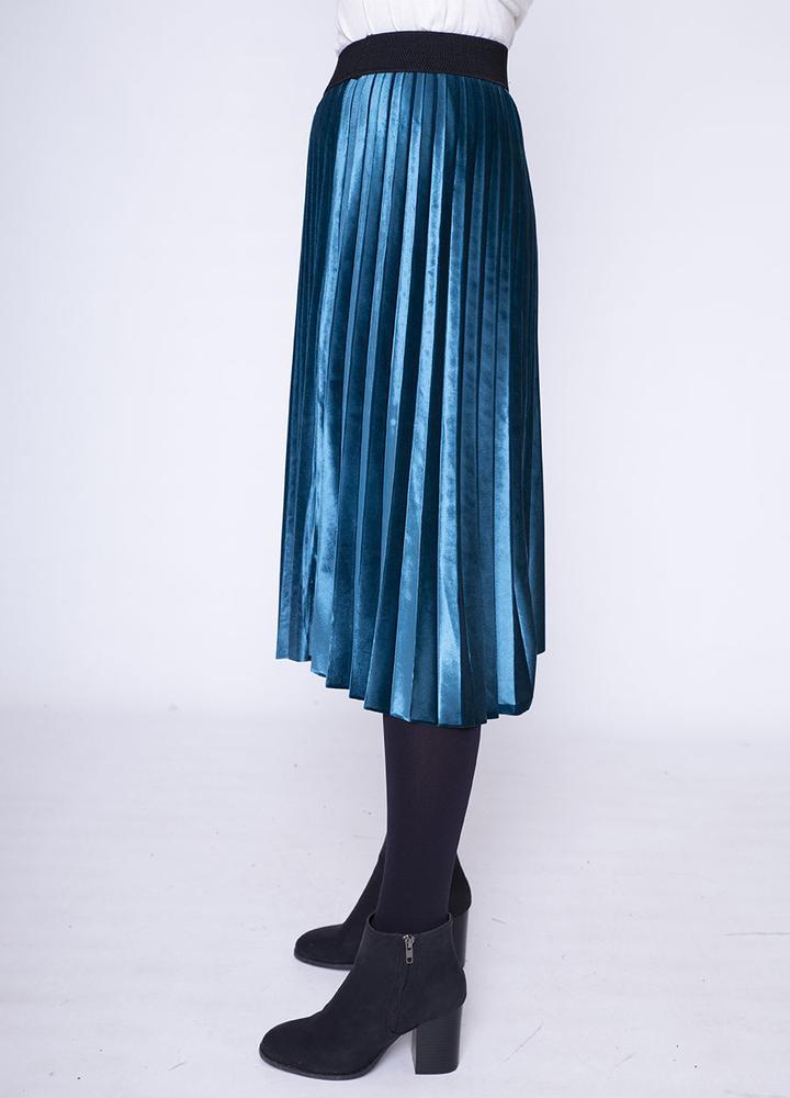 Stretch Waist Pleat Velvet Skirt in Teal