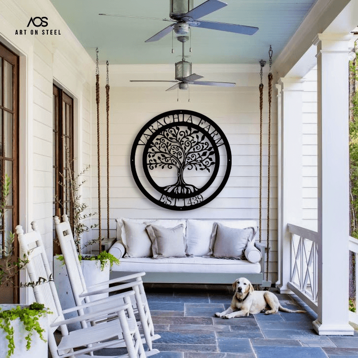 Founders Tree of Life Metal Wall Art – Personalized black steel family or farm name sign by Art on Steel, crafted outdoor décor symbolizing roots, heritage, and legacy, custom wall artwork for farmhouse porch or patio design.