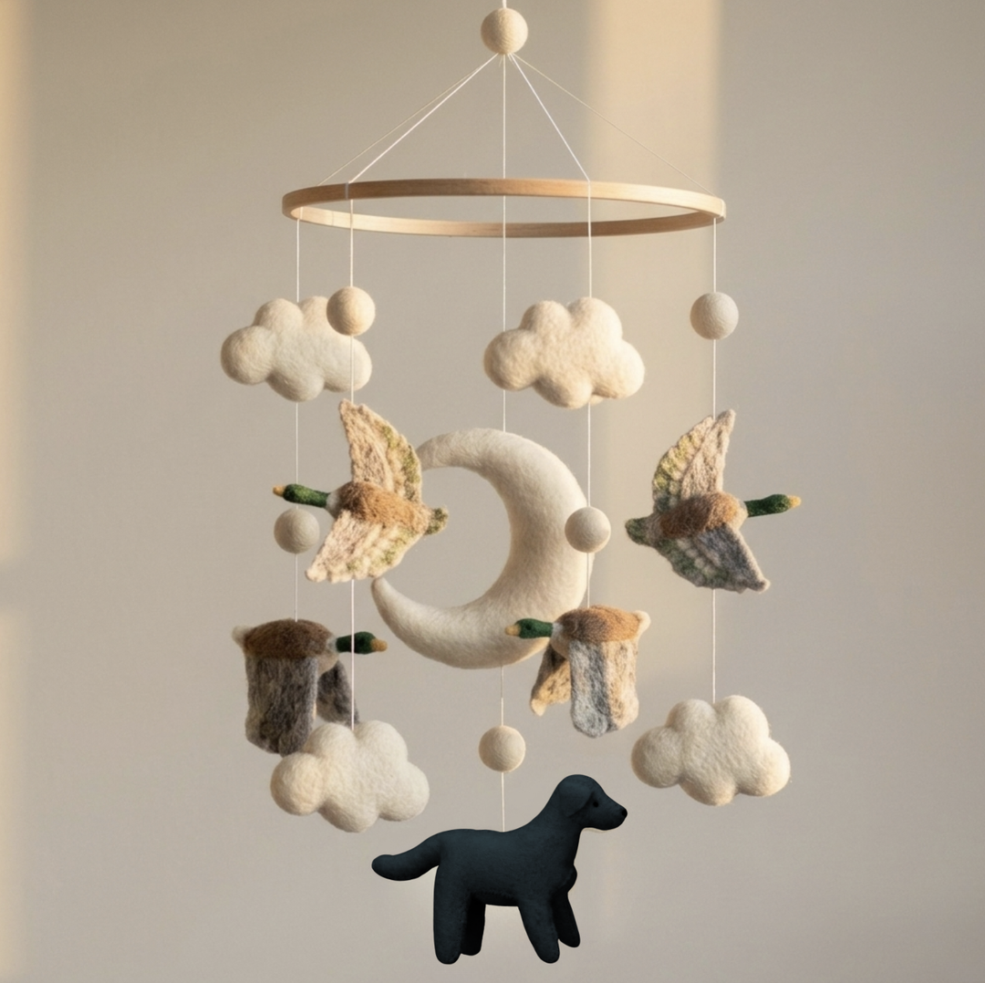 Needle Felted Flying Ducks with Dog Baby Mobile