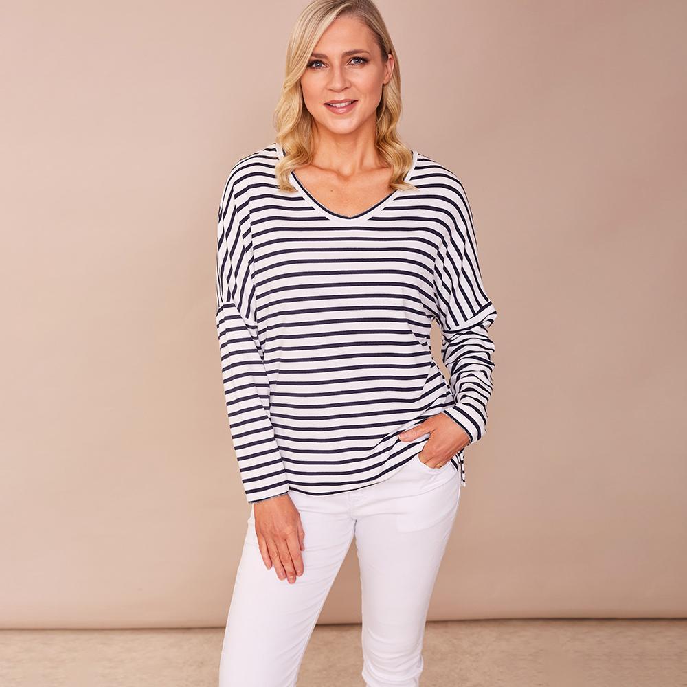 Amy V Neck Stripe Top (White)