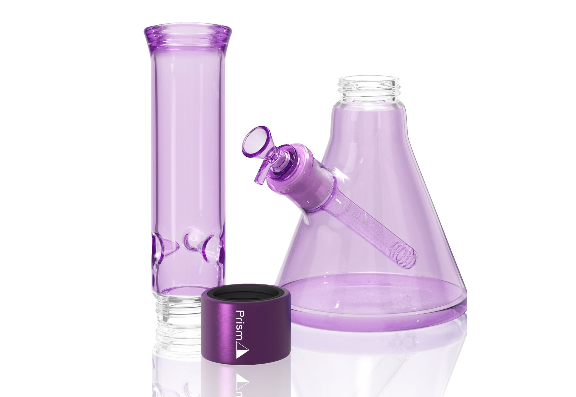 an image of a disassembled purple monochrome Prism bong separated into the mouthpiece, halo connector, and beaker base