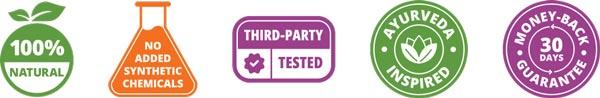 100% natural, no added synthetic chemicals, third party tested, ayurveda inspired, 30-day moneyback guarantee