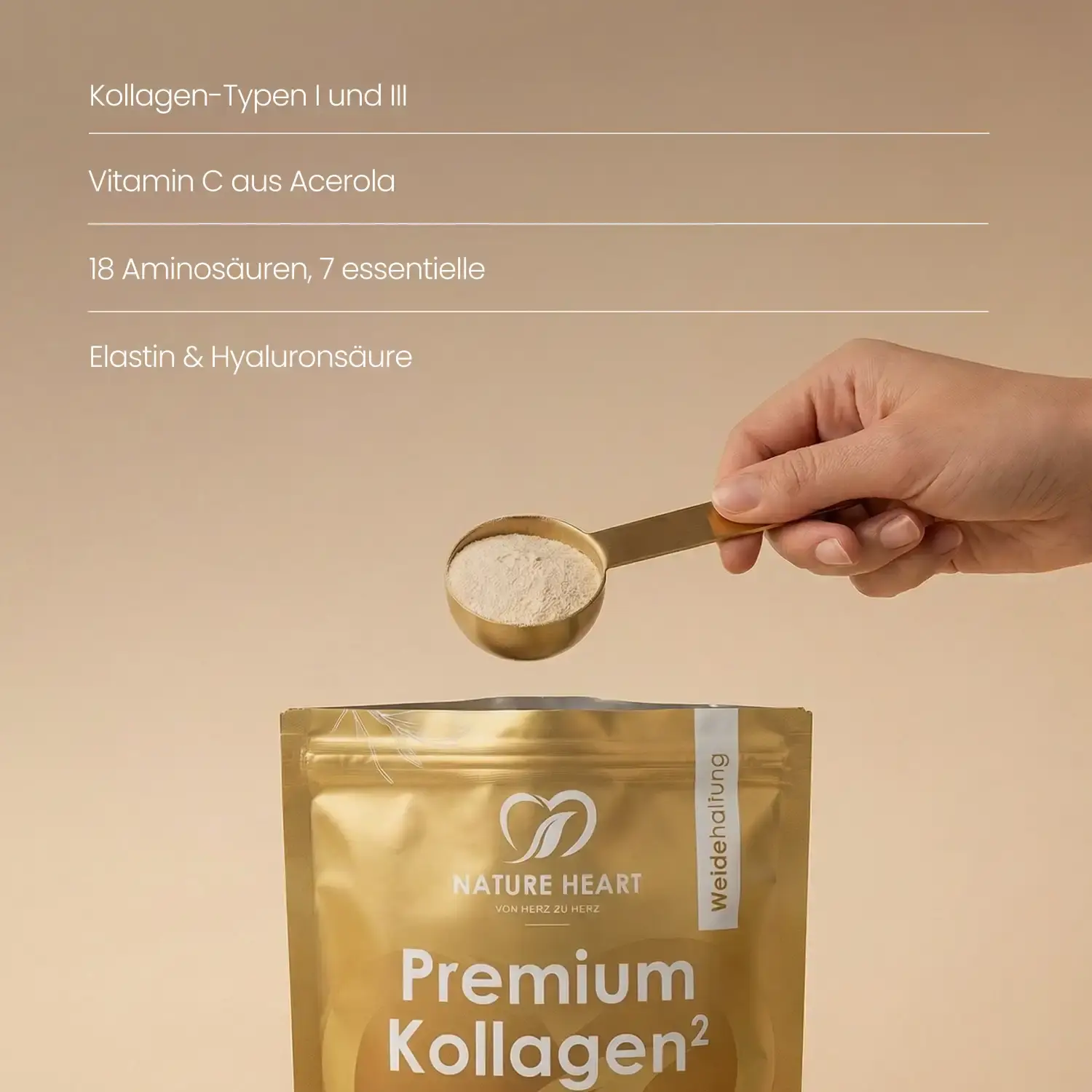 Premium Kollagen Pulver mit goldenem Messlöffel und Produktbeutel