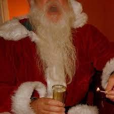 Santa Claus character coughing dramatically after taking a hit from a pipe, symbolizing the potential throat or lung irritation sometimes caused by cold, ice-cooled smoke.