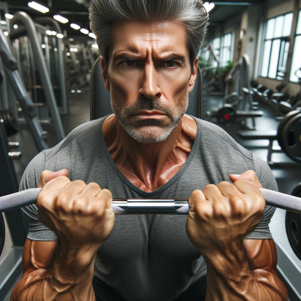middle-aged man with gray hair, around 50 years old, intensely lifting weights