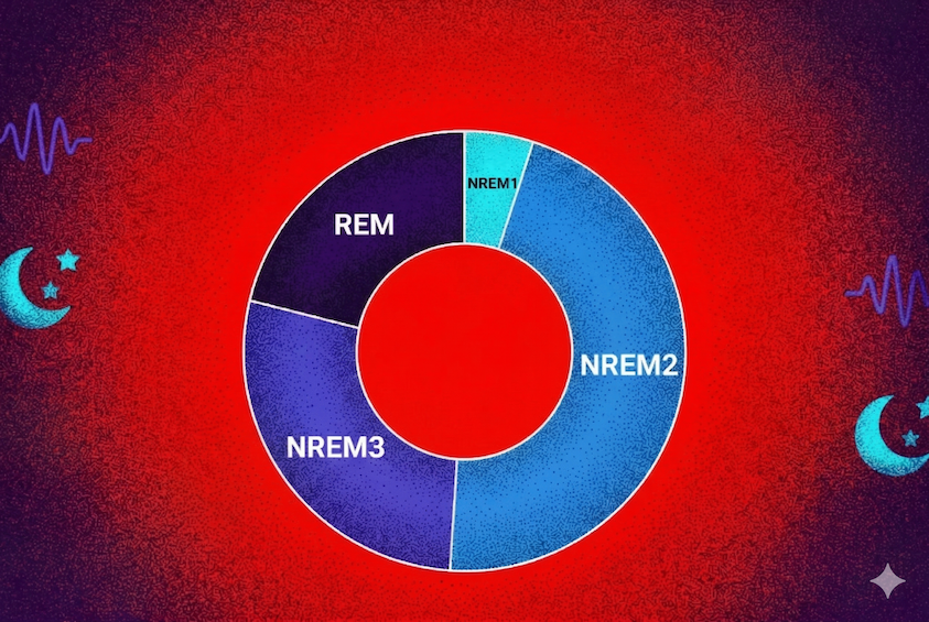 A circular diagram showing the 4 stages of sleep: NREM1, NREM2, NREM3 and REM sleep.
