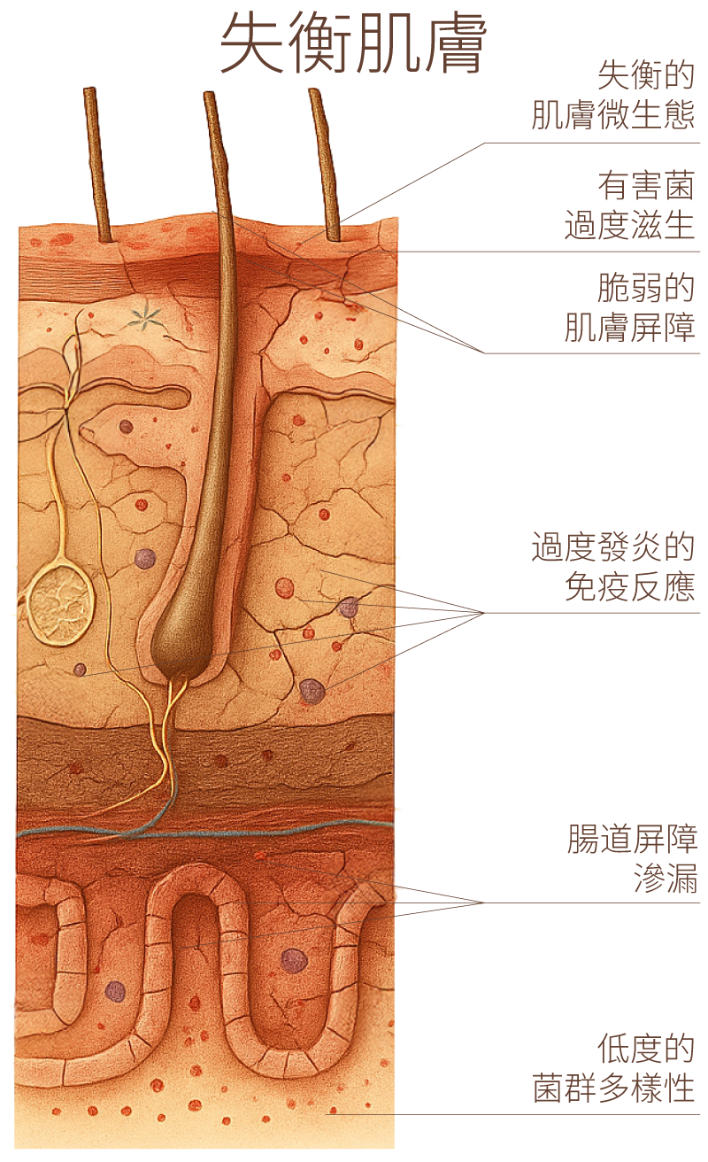 皮膚與腸道的剖面圖。標示皮膚微生態失衡、病原體過度生長、皮膚屏障減弱、免疫反應發炎、腸道滲漏及微生物多樣性不足。