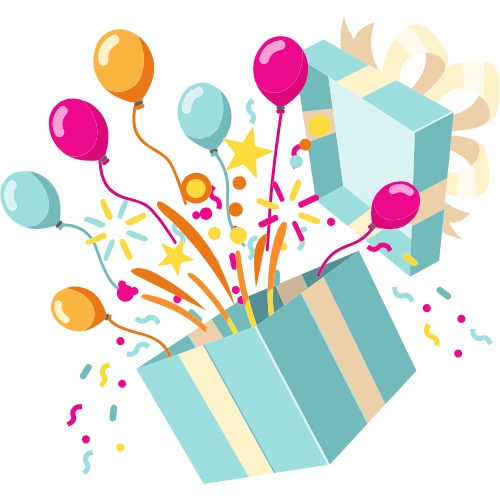graphic of gift box opened up with balloons and fireworks coming out.
