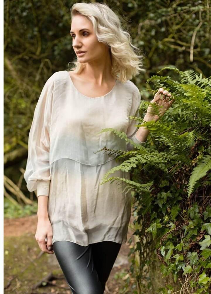 Layered Silk Print Top in Beige