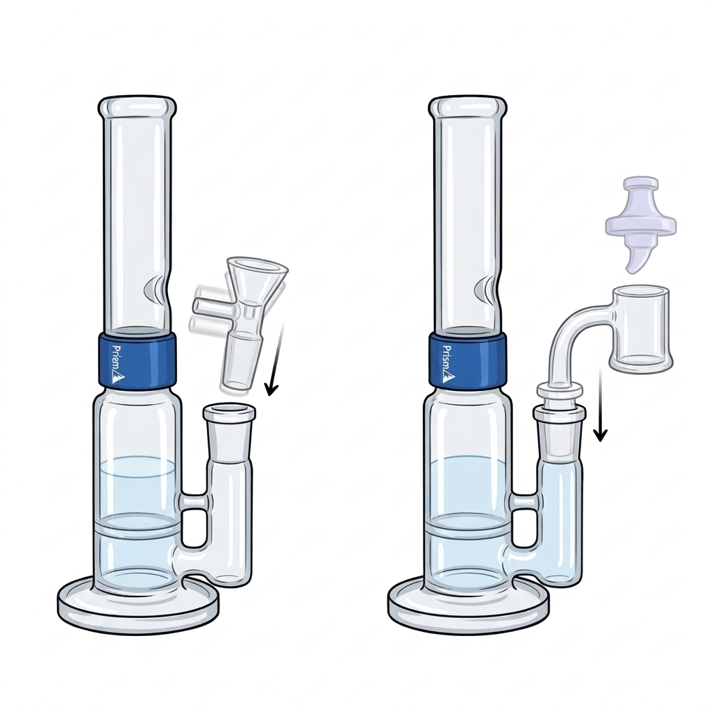 An instructional illustration showing the proper placement of a glass bowl, quartz banger, and carb cap into a Prism modular setup. The diagram highlights the universal 14mm joint compatibility for flower and concentrate use, demonstrating how to switch between different intake accessories for a customized smoking or dabbing experience.