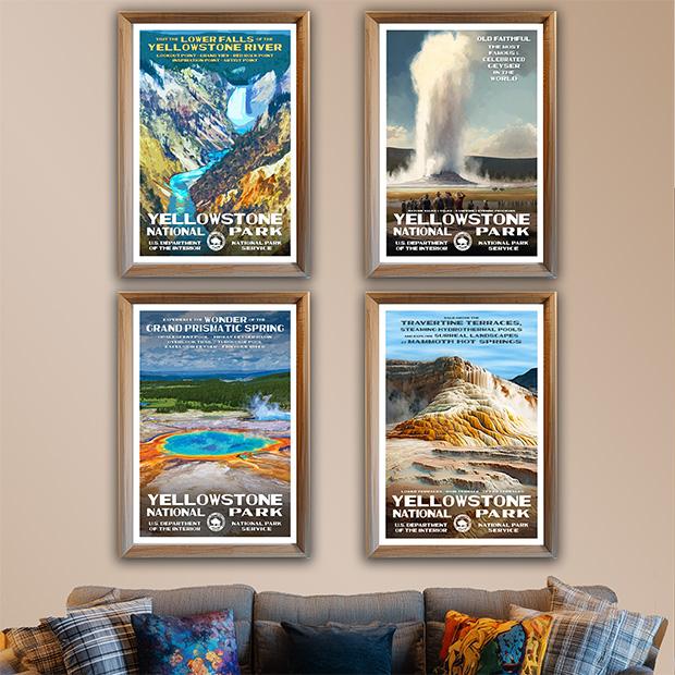 Boxed set of 90 national park postcards featuring colorful WPA-style poster designs by Robert B. Decker.