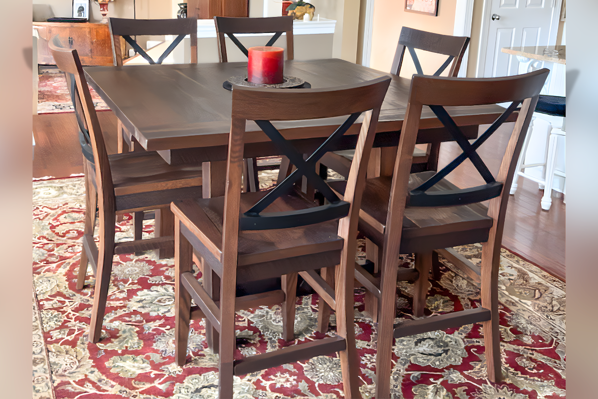 Reclaimed Wood and Steel X-back bar stools with Hawthorne Counter Height Table