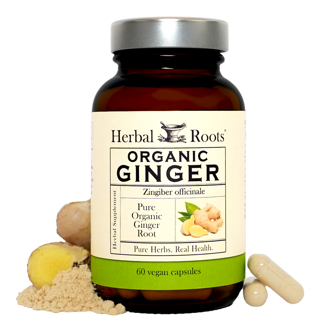 Bottle of Herbal Roots Organic Ginger supplement