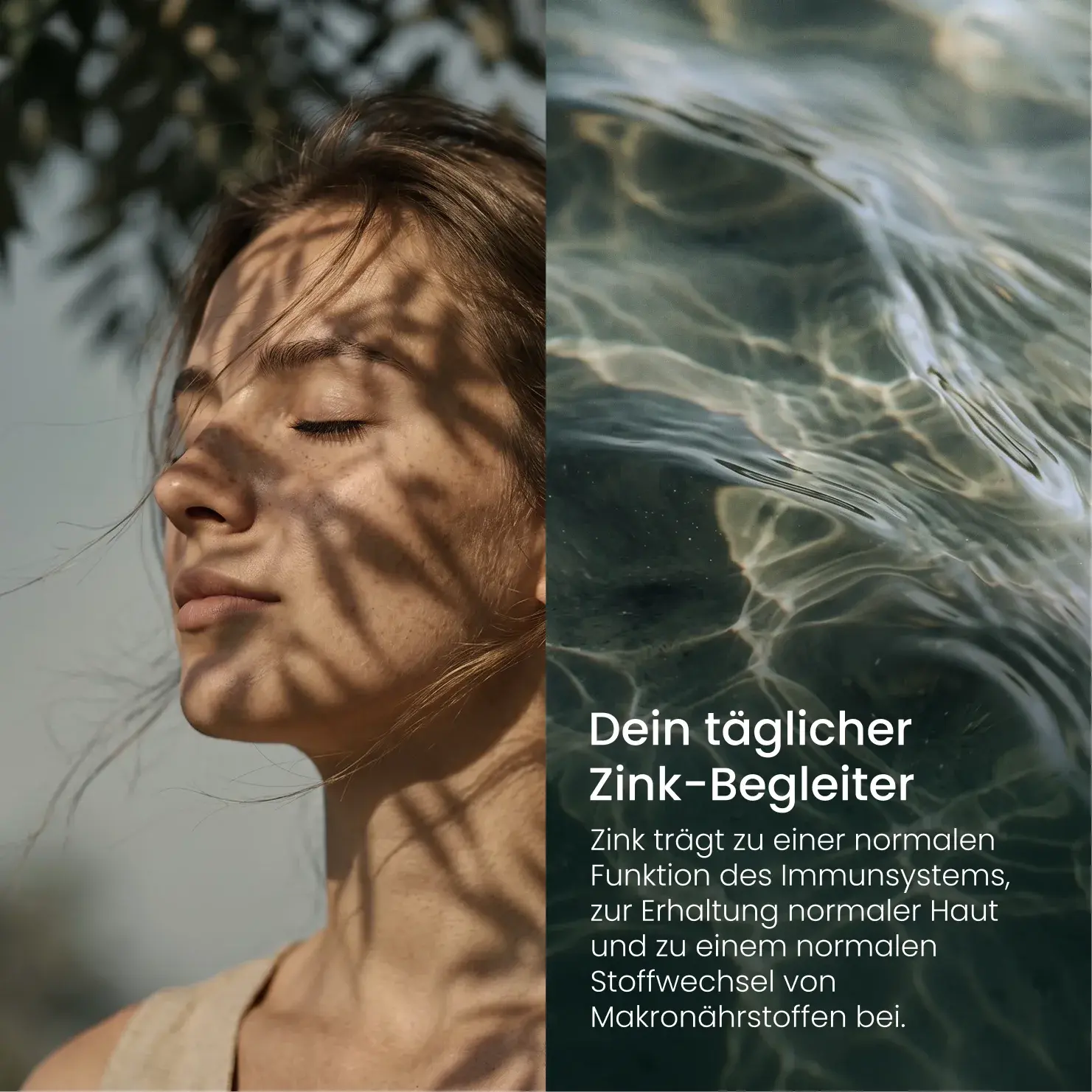Eine Frau mit geschlossenen Augen im Sonnenlicht neben einer Wasserfläche sowie Textinformationen zu Zink.