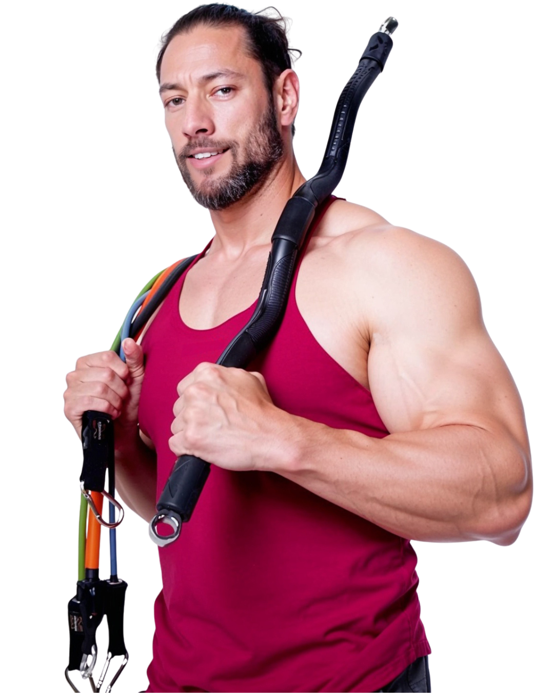 Man holding xbar and resistance bands on his shoulders