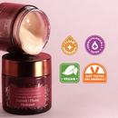 Open jar of Smooth-Sorbet Oil-Free Face Gel Crème with creamy texture visible, displayed against a soft pink background. Four certification badges shown: Clean Ingredients, Dermatologically Tested, Vegan, and Not Tested on Animals.
