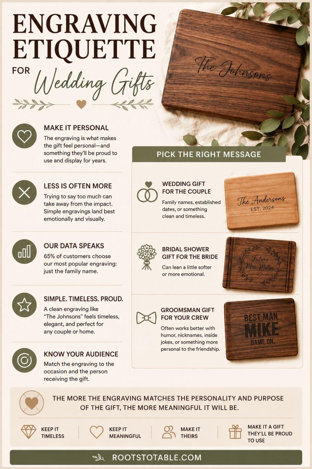 Wedding gift engraving etiquette guide showing personalized board engraving ideas for couples, bridal shower gifts, and groomsmen gifts.