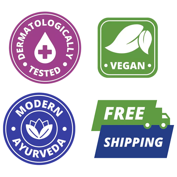 Icons for no added synthetic chemicals, not tested on animals, dermatologically tested, vegan