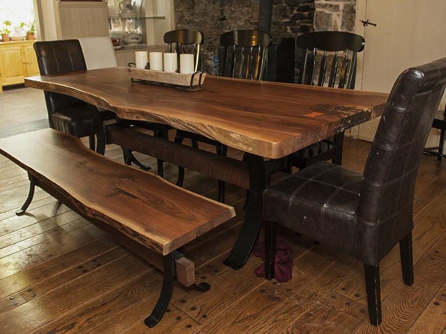 live edge walnut dining table and bench
