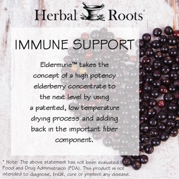 image of elderberries shaped into a heart. Text on image says Immune Support. Eldermune takes the concept of a high potency elderberry concentrate to the next level by using a patented, low temperature drying process and adding back in the important fiber component.