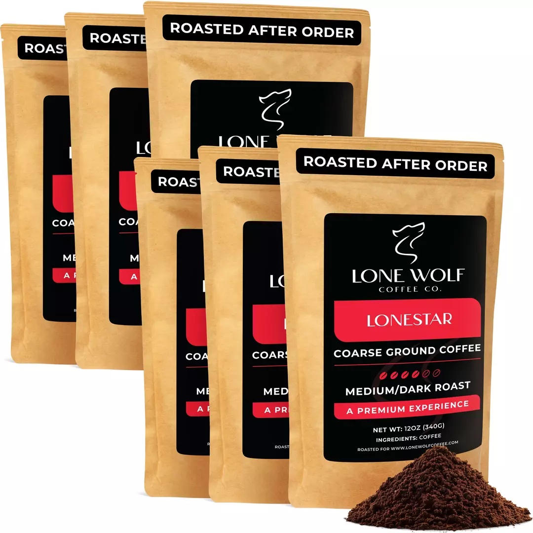 Six 12oz bags of Lone Wolf Coffee’s Lonestar Medium-Dark Roast Coarse Ground coffee bag product photo