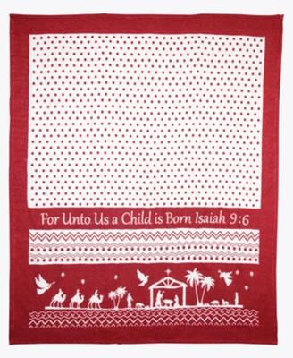 red blanket with nativity scene and words "For unto us a child is born Isaiah 9:6"