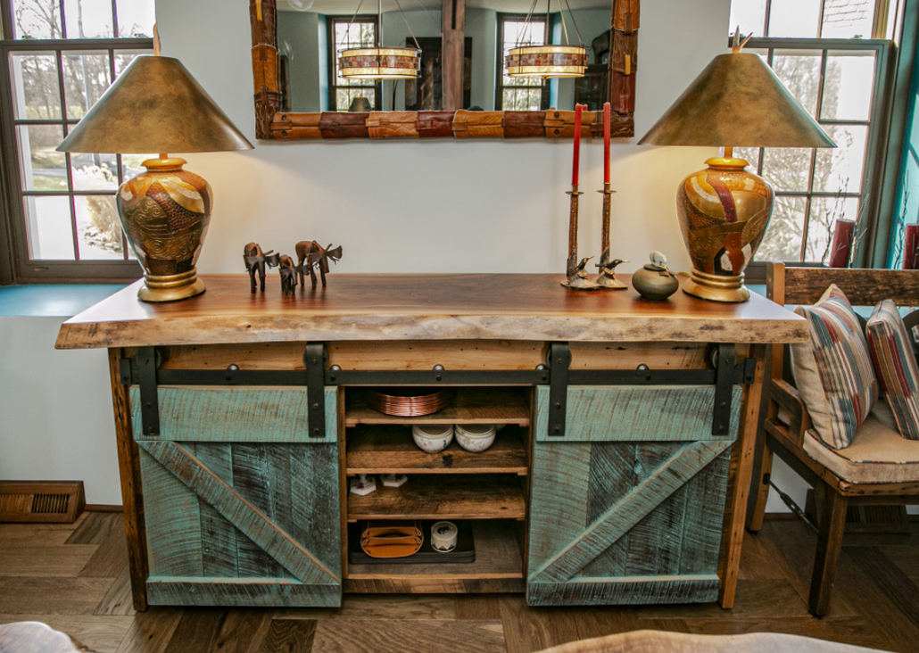 live edge walnut buffet with turquoise barn doors