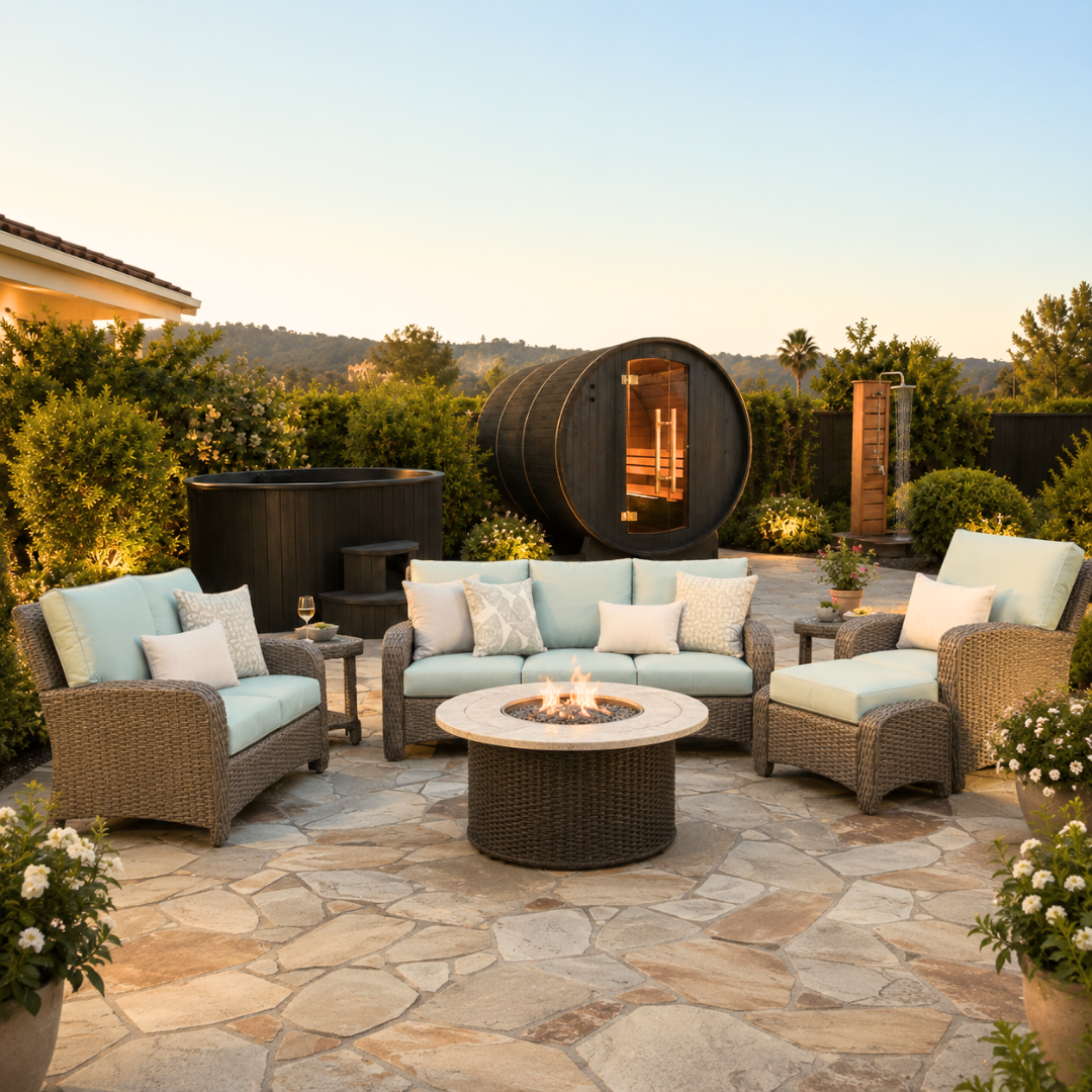 A Sauna and a cold plunge in an outdoor space with a complete set of outdoor furniture sofa , loveseat , lounge chair and a fire table.