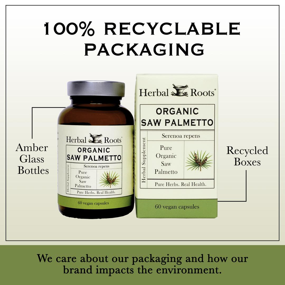 Bottle and box of Herbal Roots Organic saw palmetto next to each other. Under the bottle and box says We care about our packaging and how our brand impacts the environment. There is a line coming from the left of the bottle that says Amber glass bottles. There is a line coming from the left of the box that says recycled boxes.